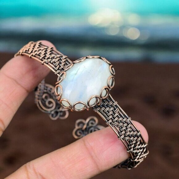 Rainbow Moonstone ✦ Copper Cuff Bracelet ✦ Adjustable Oval Stone Healing NWT - Picture 11 of 15